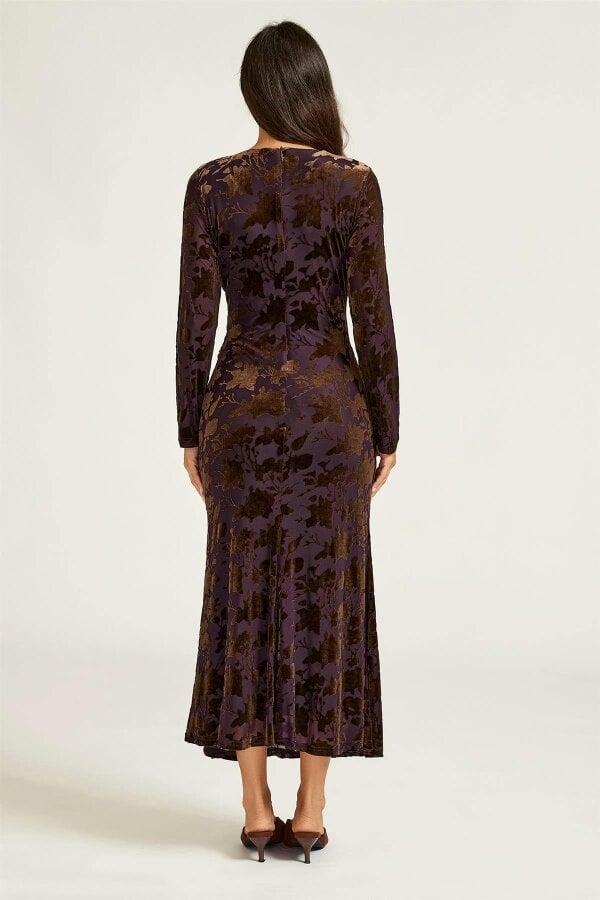 FS Collection Floral Velvet Devore Long Sleeve Wrap Midi Dress In Brown