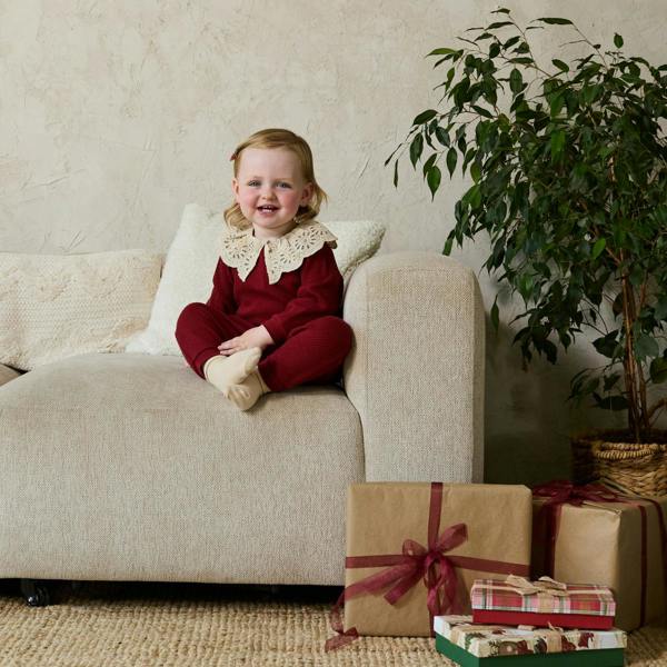 Mini Cuddles Baby Girls Broderie Collar Top & Joggers Set, Burgundy