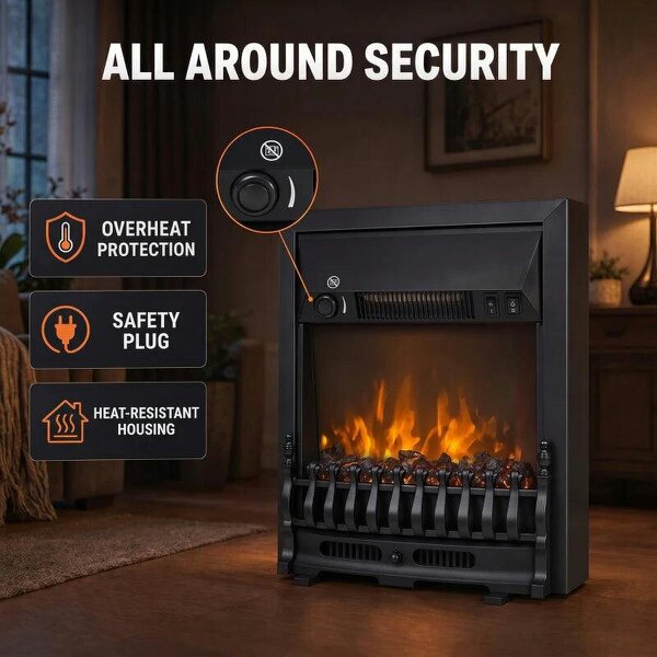 Electric Fireplace Stove Freestanding/ Inset, 1000W/2000W, Electric Fire Heater with LED Flame Effect, Coal Logs, Black