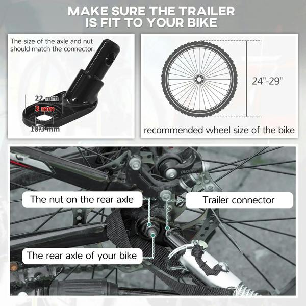 Bike trailer hitch connector and rear axle hardware on the trailer frame