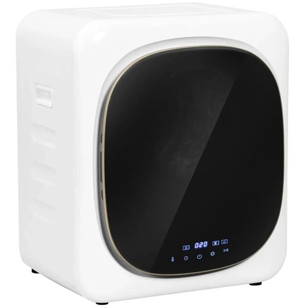 White compact tumble dryer with large rounded glass door and front control panel