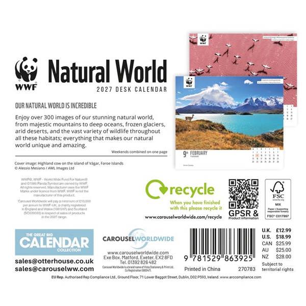 Unbranded WWF, Natural World Desk Calendar 2027, Desk Calendars, Day To View, Animals, Gift