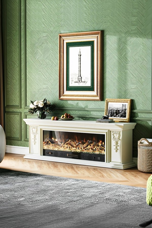 Living and Home Natural Resin Carved Craftsman TV Stand Electric Fireplace Adjustable Flame with Remote - White & Gold