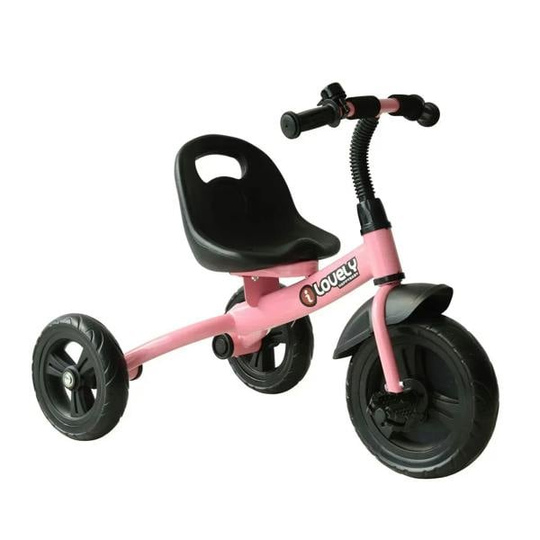 Pink 3-wheel toddler tricycle with black seat and spring handlebar