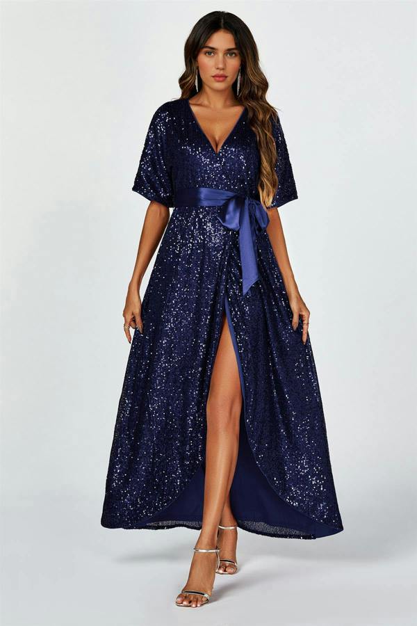 FS Collection Wrap Style Sequin Maxi Dress In Navy