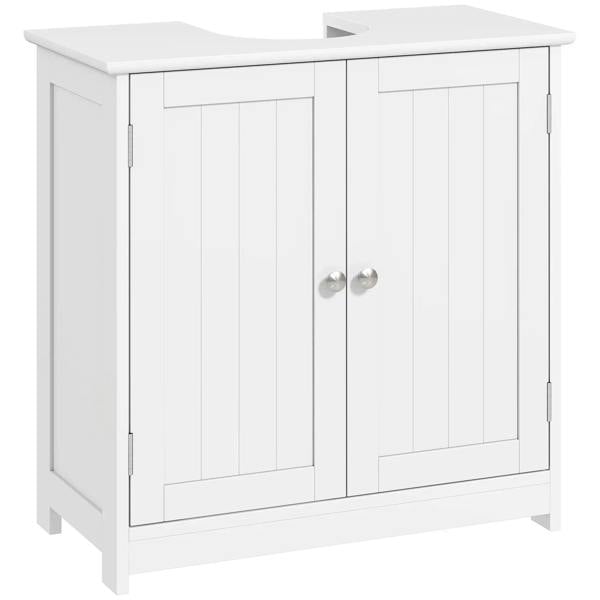 White freestanding under-sink cabinet with two doors and adjustable interior shelf