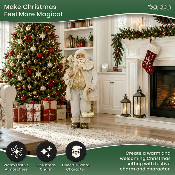 Standing Father Christmas Figure with Sack of Presents, White Santa Style Decoration, Free Standing Festive Ornament, 90cm Tall