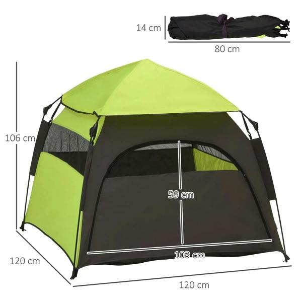 Lime-green and black pop-up pet tent with front mesh door and dimensions