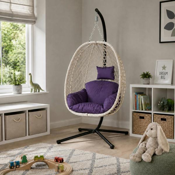 Samuel Alexander Indigo Rattan Hanging Egg Chair with Stand & Cushion for Indoor Use