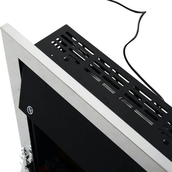 Electric fireplace top vent area with black grille and silver trim, power cable visible