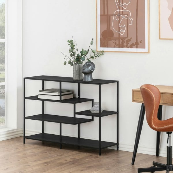 Furniture To Go Seaford Wide Black Metal Bookcase with 4 Black Oak Shelves