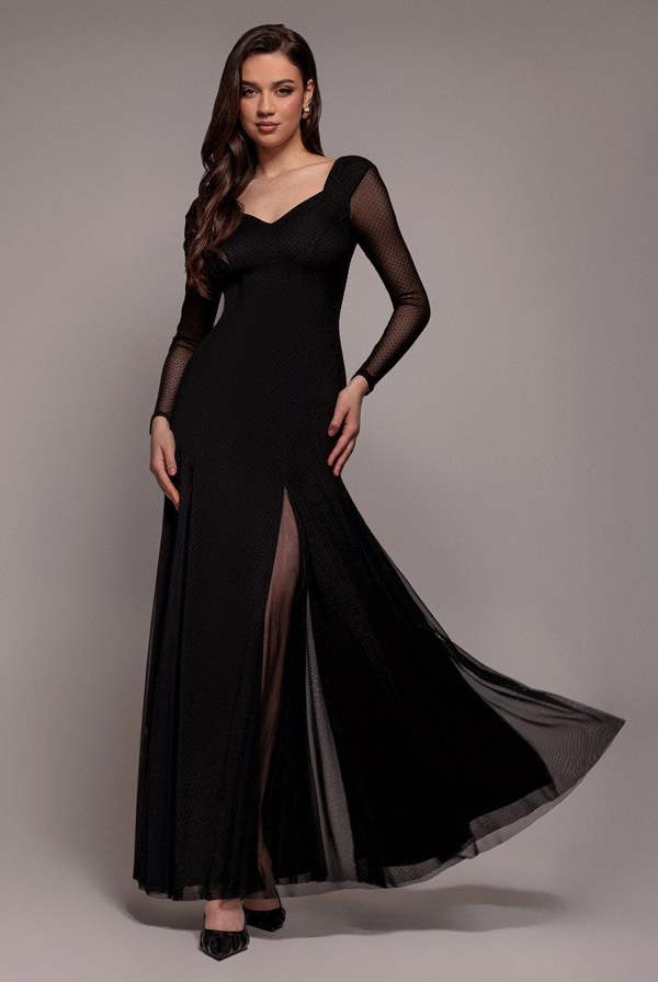 Dobby Mesh Insert Long Sleeve A-Line Maxi Dress - Black DR4897