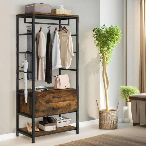 Rafaelo Mobilia Industrial Open Wardrobe Clothes Rack With Drawers Rustic Brown