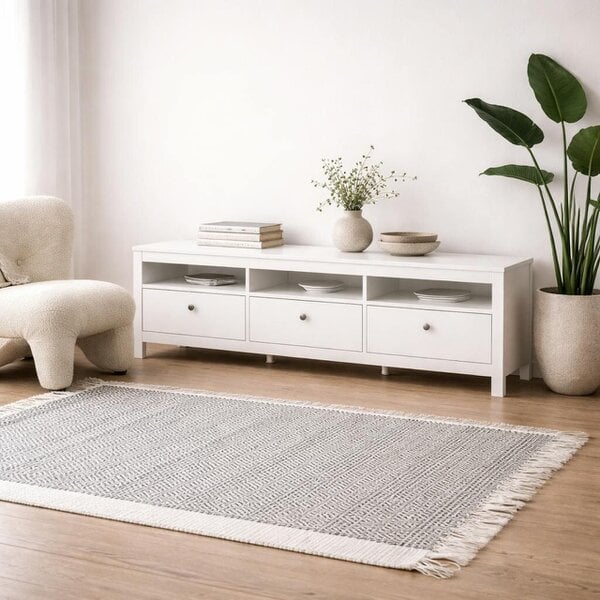 Wyld Haus Gossmere White Wooden TV Unit 3 Drawers Silver Handles