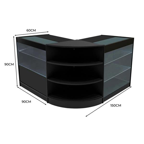 Black Calliope LED Shop Counter Set featuring curved design, glass shelves, and sleek finish, ideal for retail displays