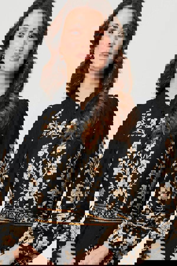 Black | Floral Tie Waist A-Line Knee Length Dress