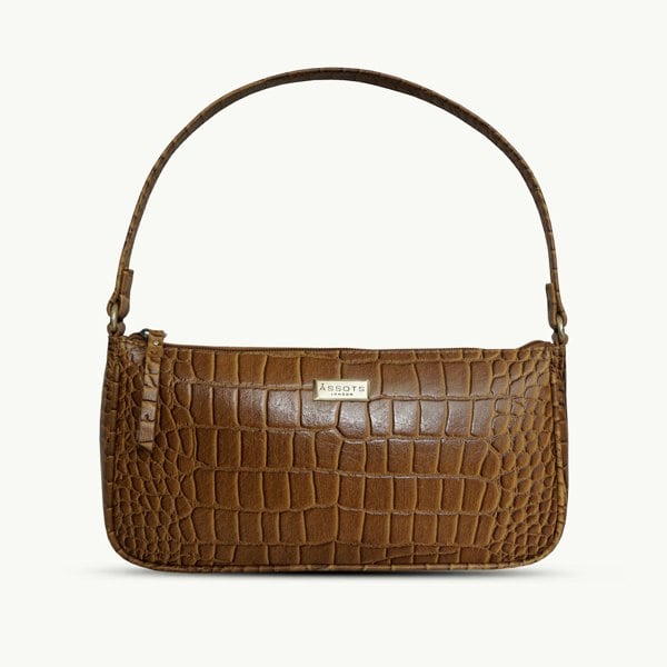 Assots London 'ZARA' Dark Mustard Croc Real Leather Baguette Shoulder Bag