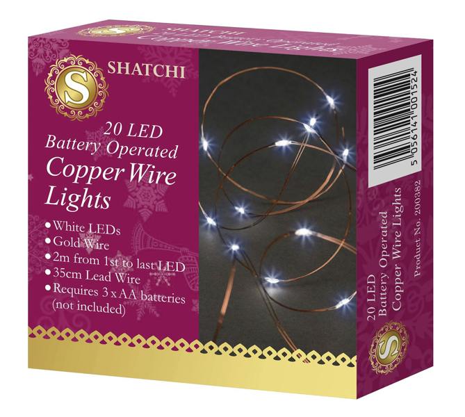 2m 20 LED Battery Operated String Lights, Gold Copper Wire, White Sparkle Effect, 2 Pack image 4