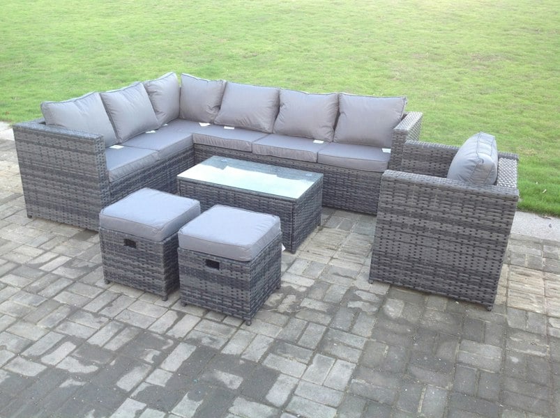 Fimous Dark Grey Mixed Rattan Garden Furniture Corner Sofa Set Oblong Coffee Table Chair Footstools