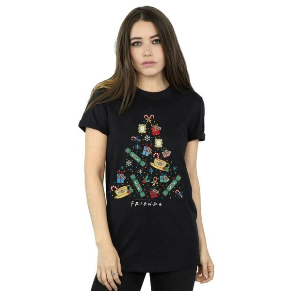 Friends Womens Christmas Tree Cotton Boyfriend T-Shirt - Black