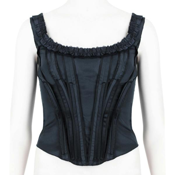 Prada black corset top with ruffle bust and pleated vertical details