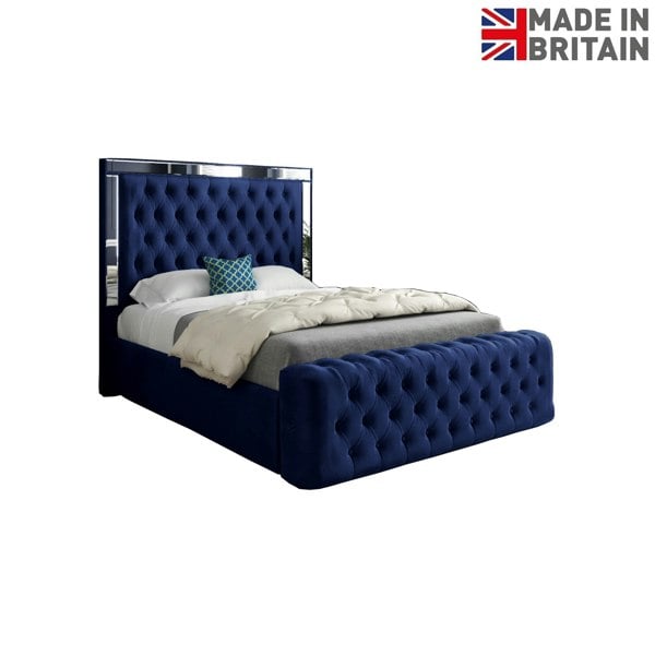 Casa Magna Marino Mirror Upholstered Soft Velvet Bed Frame - Blue