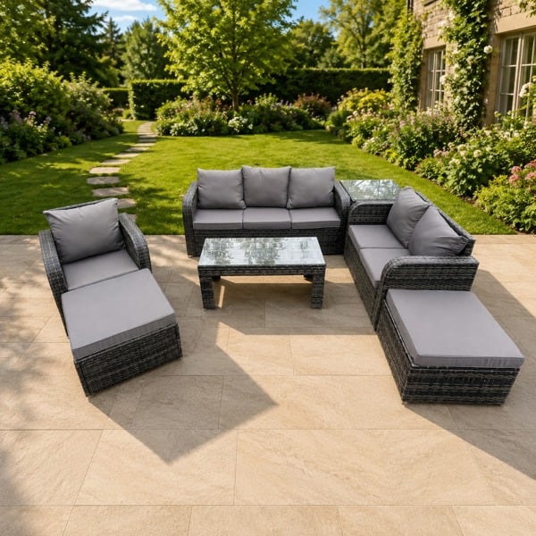 Fimous High Back Rattan Garden Furniture Set with Loveseat Sofa Coffee Table Side Table 2 Big Footstool Indoor Outdoor Patio Lounge Sofa Set