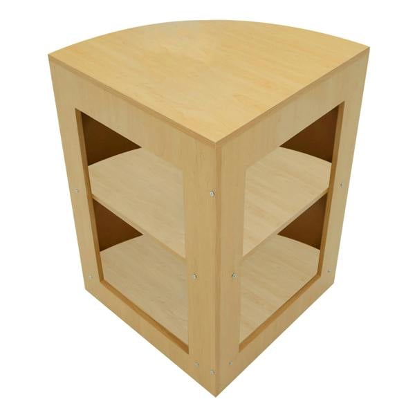 Maple Helios LED shop counter set with a curved top, open shelving, and a light wood finish, ideal for retail displays