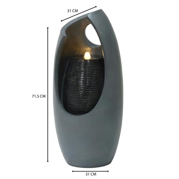 Sleek gray electric water feature with a modern design, featuring a glowing light and textured water flow for a calming ambiance