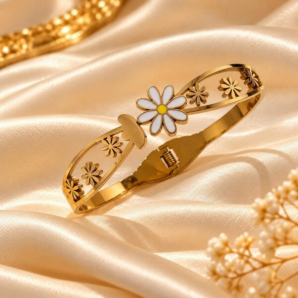The Colourful Aura 18ct Gold Plated White Daisy Flower Cut Out Open Cuff Floral Bracelet