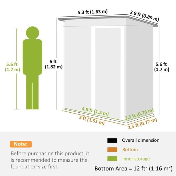 Green garden storage shed size diagram with height, width, and depth measurements shown