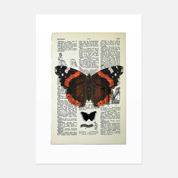 Hands & Hearts Red Admiral butterfly vintage book page art print