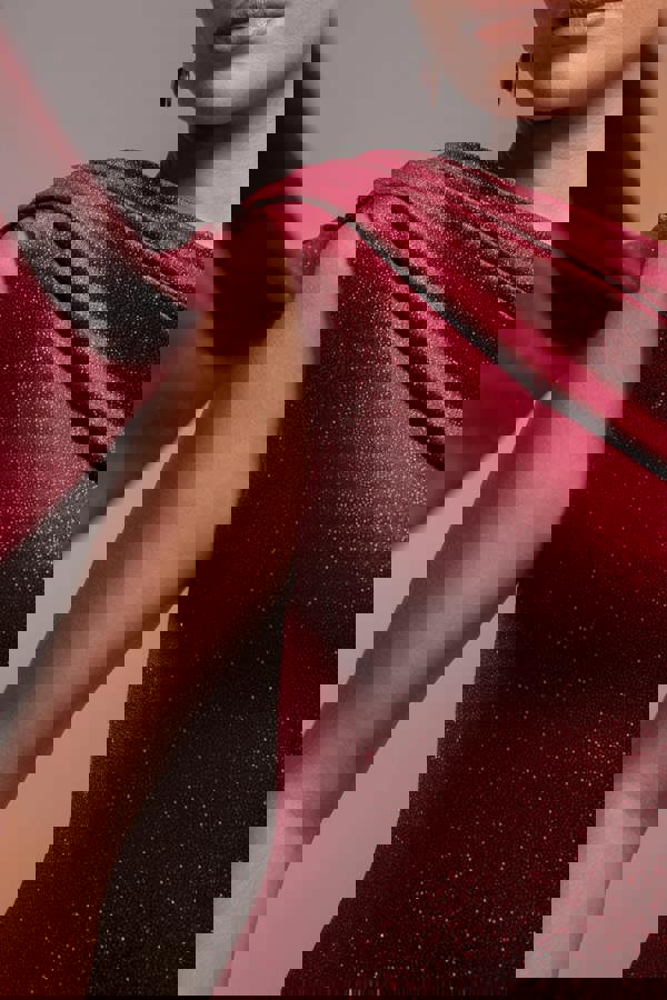 Glitter Velvet Sash One Shoulder Bardot Maxi Dress - Wine DR5017