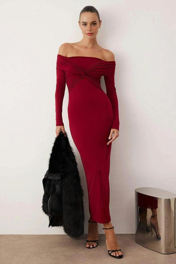 WOVCOR Collar Detail Knitted Midi Unlined Evening Dress