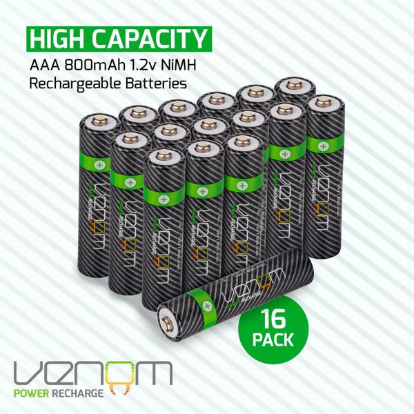 Venom Rechargeable AAA Batteries - High Capacity 800mAh (16-Pack)