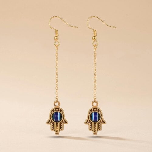 The Colourful Aura Handmade Long Chain Hamsa Evil Eye Fatima Hand Tassel Chain Drop Earring