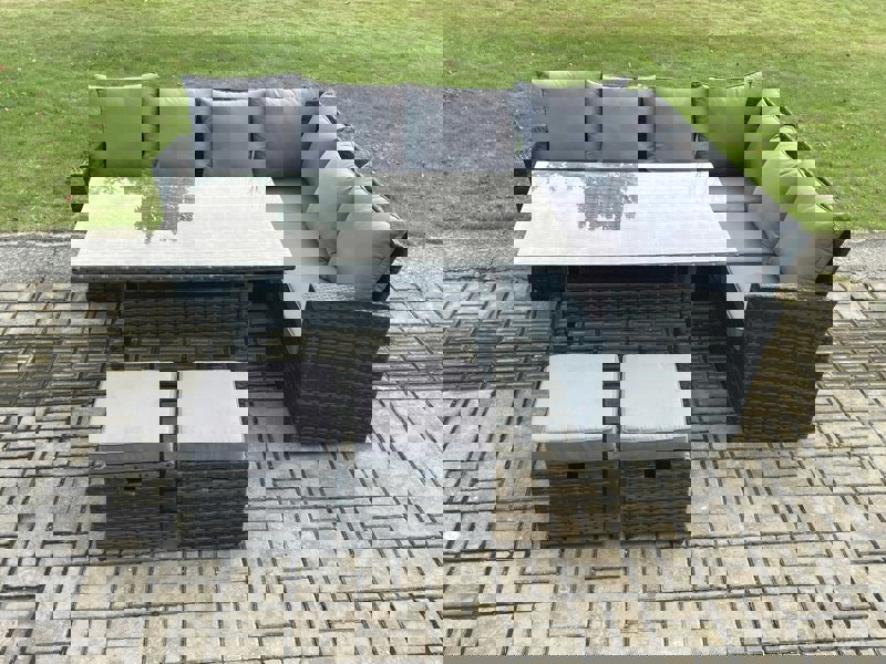 Fimous 8 Seater Garden Rattan Furniture Corner Sofa Dining Table Set with 2 Small Footstools Indoor Outdoor Lounge Sofa Set
