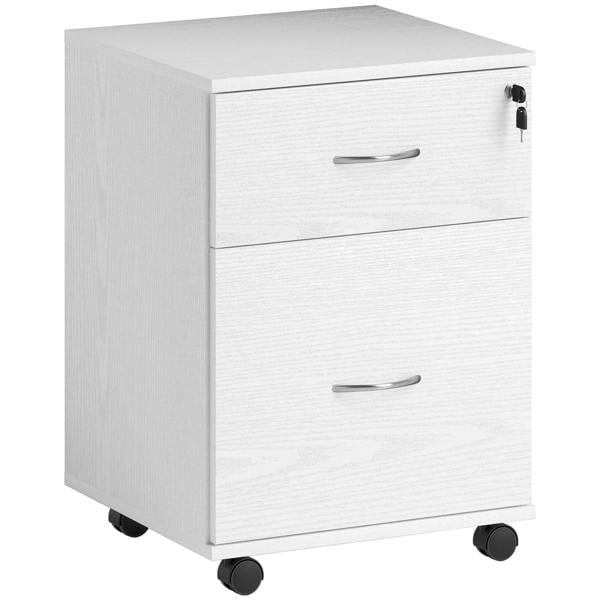 Two-drawer lockable filing cabinet with white wood-grain finish and metal handles