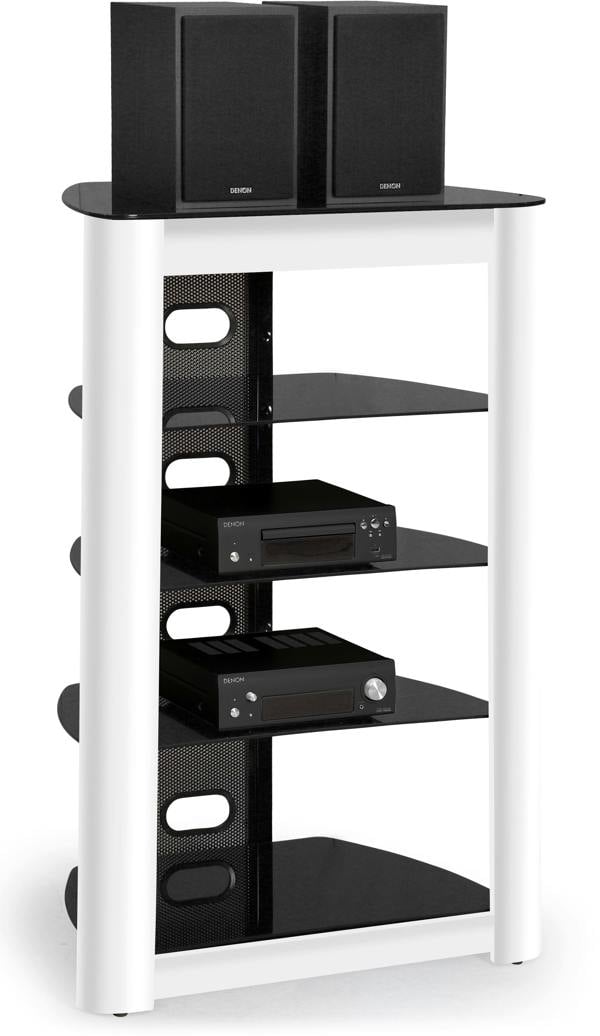 Homeology ZINNIA 5-Tier Entertainment Media Stand Black Glass Shelves & White Facia Audio Rack Stylish Home Theater Storage