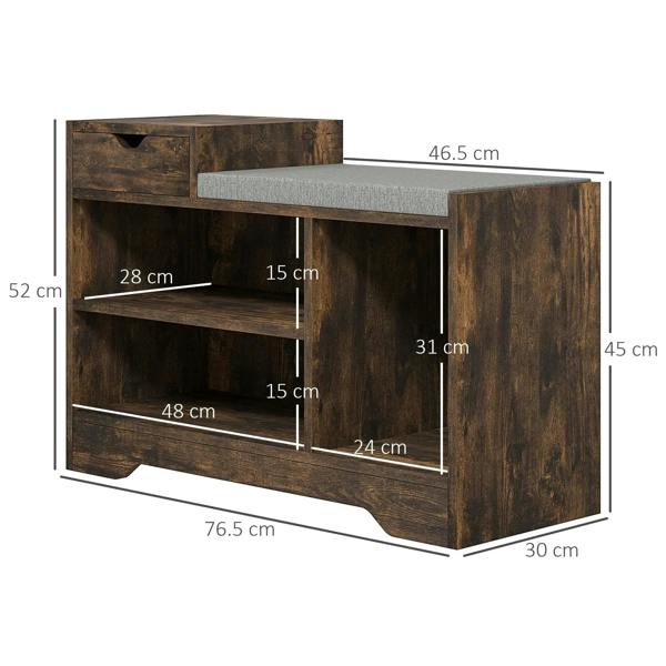 Rustic brown shoe bench dimensions with gray seat, drawer, and open storage bays