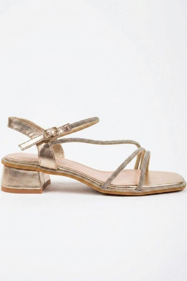 Pearl Rhinestone Embellished Strappy Low Sandals - Gold