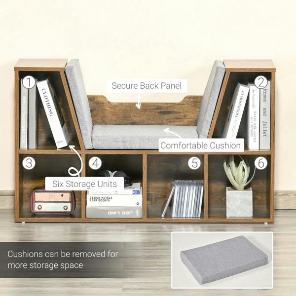 Storage cube bench with removable gray cushion, secure back panel, six open compartments