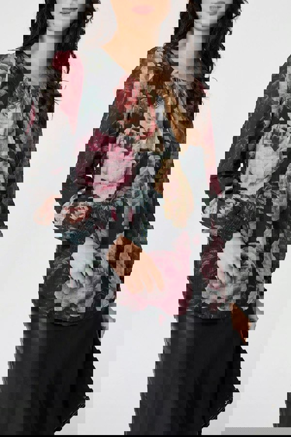 Black | Floral Long Puff Sleeve Pleated Blouse
