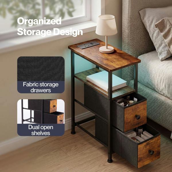 Levede Bedside Table Narrow Side Table with LED Charging Station Storage Brown