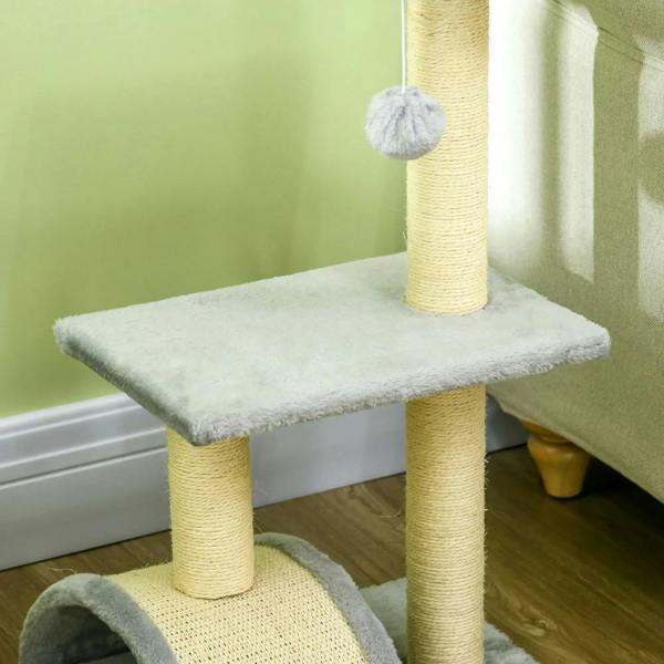 Light grey cat tree top perch with hanging ball on a sisal-wrapped post