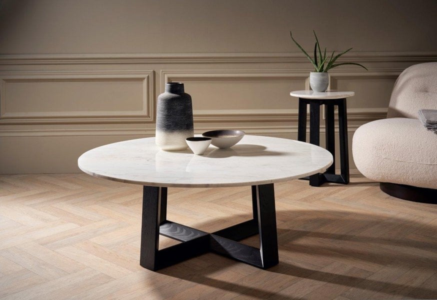 Cadiz Large Round Coffee Table with Natural Stone White Marble Top & Natural Black Oak Base by Gillmore British Design © GillmoreSPACE Limited