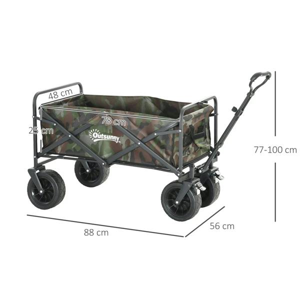Folding garden trolley with camouflage fabric bed, steel frame, and extended handle with wheels