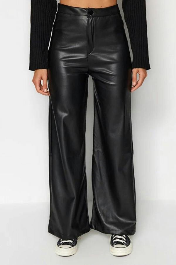 Hoxton Gal Faux Leather Wide Leg Knit Trousers with Pocket Detail