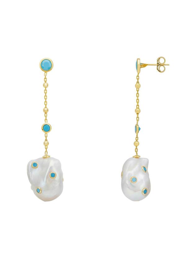 Latelita Polka Dot Baroque Pearl Chain Drop Earrings Gold Turquoise