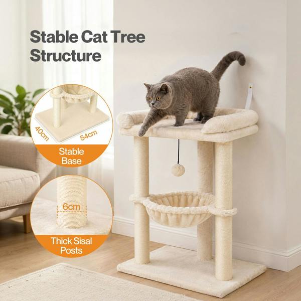 Skylos Cat Tree Tower Bed with Hammock Ball Scratching Post Large Perch Beige